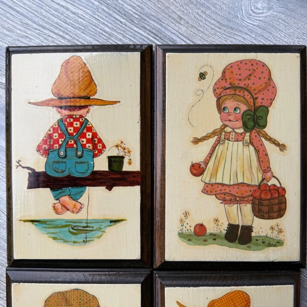 Vintage Ardi Wooden Plaques Set of 4 Country Kids Wall Art 4x6 Grannycore Decor